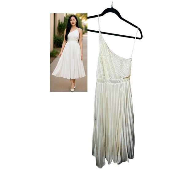 Lulus Alluring Marvel Ivory Pleated Ivory Satin One-Shoulder Midi Dress XS NWT - Picture 7 of 13